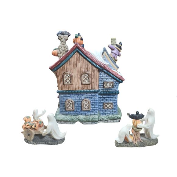 Hand Painted Lighted Ghoulville House Halloween Village Porcelain Figurines - Picture 2 of 10